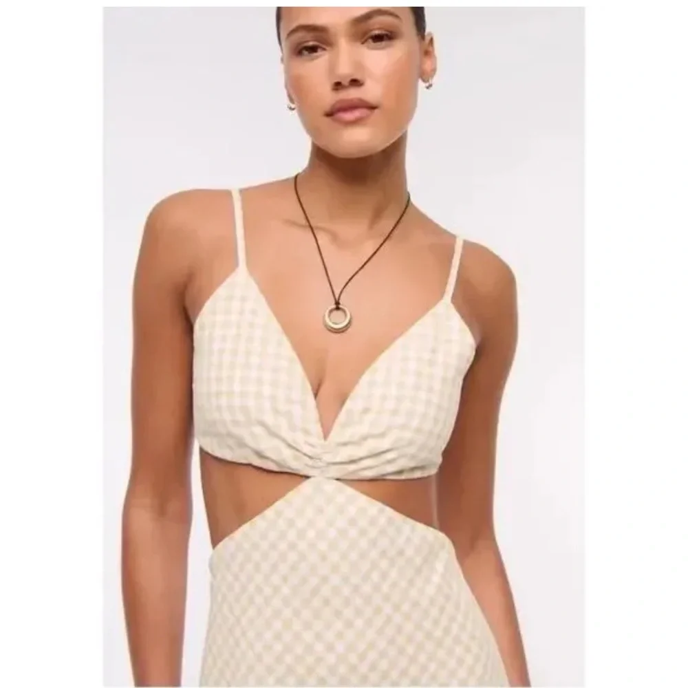 Abercrombie & Fitch Tan Gingham Linen Cotton Julia Slip Cutout Maxi Dress Medium